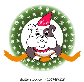 Christmas square card with funny xmas puppy. Cute little bull dog in Santa's hat 2020 and yellow wavy ribbon. Nice pet in round green frame - fir wreth. Childish style snowflakes isolated on white.