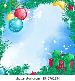 Christmas square card with Christmas tree branches, glass balls, gift box and place for greeting text on a pale blue watercolor background.