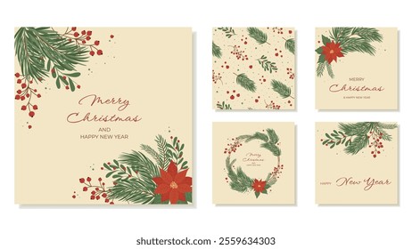 Christmas Square Cards and For New Year's Eve. Winter Botanical Wreaths with Poinsettia, Fir, Spruce and Pine branches. Vector