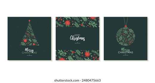 Christmas Square Cards with Christmas Ornament and Background. Greeting Templates for Social Media. Vector