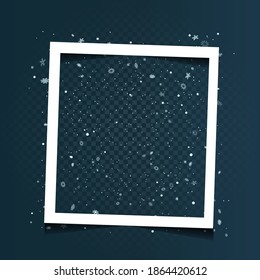 Marco cuadrado de Navidad con nieve soplando sobre fondo transparente. Plantilla de forma de foto de celebración de vacaciones