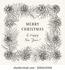 Christmas square frame with branches pine, cones. Winter holiday card with traditional plants. Botanical vector illustration. Black and White.