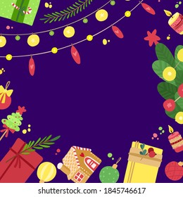 Christmas square frame with candles, garlands, gift boxes, presents, gingerbread house on dark background. Holiday Christmas flat vector social media banner template.