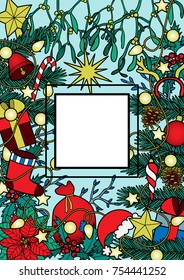 Christmas square frame composition. Nature A4 colorful new year object on blue background for greeting cards, mock ups, postcards and covers with text place.
