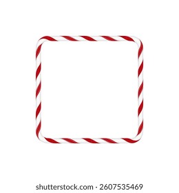 Christmas square frame in the form of candy cane with red and white stripes. Empty mockup for holiday design, cards, banners. Cartoon style. Isolated background. Vector illustration.