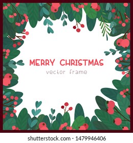 Christmas square frame with mistletoe twigs. Traditional winter season events botanic decor. Holiday wishes lettering. Green branches, red berries festival banner design element