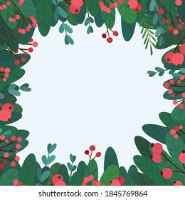 Marco cuadrado de Navidad con ramas de mistletoe. Decoración botánica tradicional de invierno. Ramas verdes de vacaciones, elementos de diseño de pancartas del festival de bayas rojas