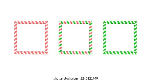 Christmas square frame set. Candy cane border with striped lollipop pattern. Xmas and new year template collection. Vector background 