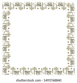 Christmas square frame template from hand-drawn angels, candles and snowflakes on a white background. Decorative element for text in scandinavian style. Gold and black colors. Vector.