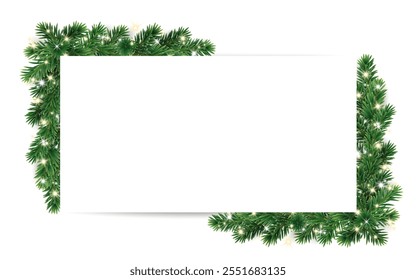 Christmas square frame. Christmas tree branches with glowing Christmas lights and space for text. Holiday fir tree garland. Festive winter season decoration, spruce branches.