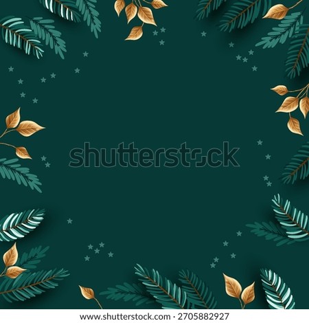 Christmas square frame with tree branches, Christmas decorations and golden twigs with leaves. Banner, greeting card on flat green Christmas background