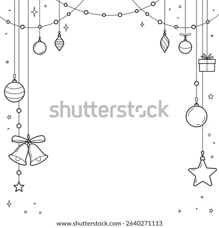 Christmas square frame with Christmas tree toys.   Christmas decorations black on white background. Outline vector illustration