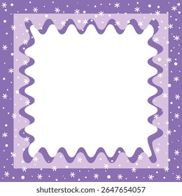 Christmas Square Frame. Winter Border. Snowflakes, Waves in Modern Style. Free Space for Your Text. Holiday Greeting Card, Banner, Invitation Template. Vector Illustration in Purple, White