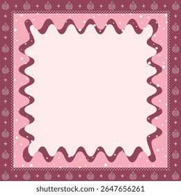 Christmas Square Frame. Winter Border. Christmas Ornament, Snowflakes, Waves in Modern Style. Free Space for Your Text. Holiday Greeting Card, Banner, Invitation Template. Vector in Pink, White