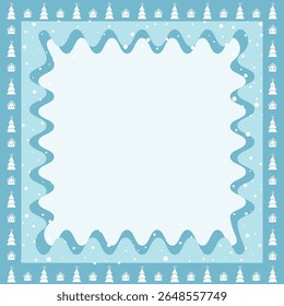 Christmas Square Frame. Winter Border. Snow, Houses, Fir Trees, Waves. Free Space for Your Text. Holiday Greeting Card, Banner, Invitation Template. Vector Illustration in Light Blue, White