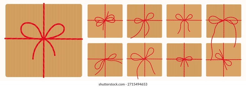 Weihnachten quadratische Geschenkbox, Umschlag, Geschenk in Kraftpapier mit roten Bäcker Garn Band Bogen verpackt. Handgezeichnetes Set im flachen Stil einzeln auf weißem Hintergrund zum Neujahr, Geburtstag. Vektor-EPS10