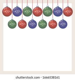 Christmas square greeting card background with two rows of Christmas balls with snowflakes on a white background.