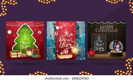 Christmas square greeting web banners in different styles. Christmas cards for your website with Christmas tree, red ribbon decorated with lettering and wooden wall with greeting