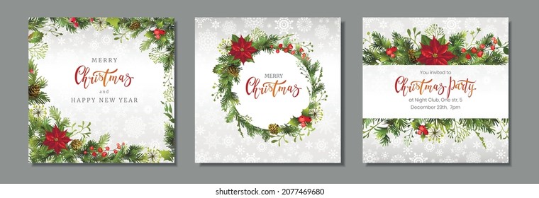 Christmas square holiday cards, flyers or invitations. Set of backgrounds for winter holidays.Vector illustration.