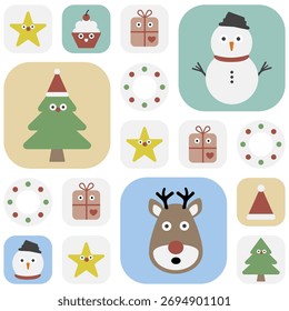 Conjunto de ícones quadrados de Natal, gráfico de férias de inverno, padrão sem emenda 