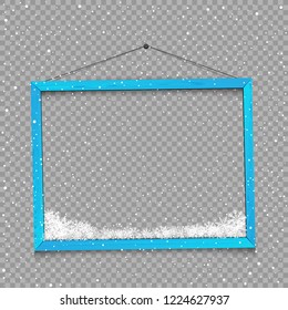 Christmas square photo frame with snow and shadow on transparent background. Wooden blue plank with snowflake bottom. Photograph empty blank holiday celebration template