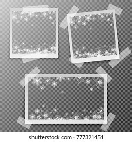 Christmas square photo frame with snow and shadow on transparent background. Photograph empty blank holiday celebration template. Retro memory picture