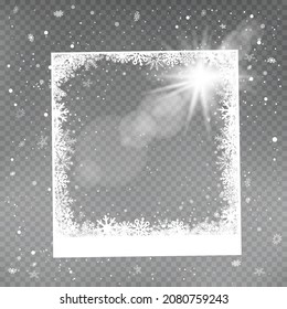 Christmas square photo snow frame template. Snowy rectangular mockup on gray transparent background. Holiday snowflakes ice picture ornament