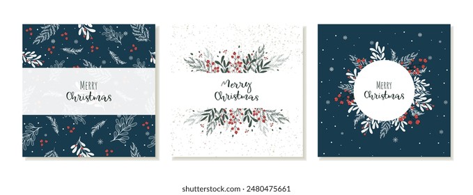 Christmas square post templates for social media. Templates with winter plants, berries and branches on blue background. Vector