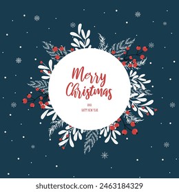 Christmas Square Poster with Seamless Drawing. Vector Template with Christmas Botanical Wreath on Blue Background