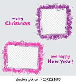 Christmas square rectangle snow winter photo frames on gray background. Holiday pink and purple snowflake decoration ornament.