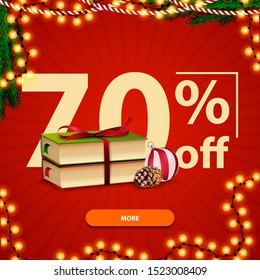 Christmas square red discount banner with Christmas books, Christmas ball and cone