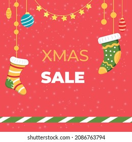 Christmas square Christmas sale card with Christmas socks. Vector illustration.