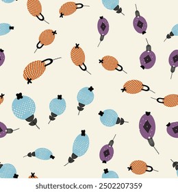 Christmas square seamless pattern with blue, orange, purple tree toys. Stylish white background. Repeating vector design element for print