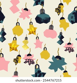 Christmas square seamless pattern with pink, green, gold, yellow tree toys. Stylish background. Repeating vector design element for print