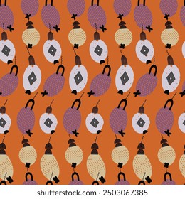 Christmas square seamless pattern with purple, yellow, white tree toys. Stylish orange background. Repeating vector design element for print