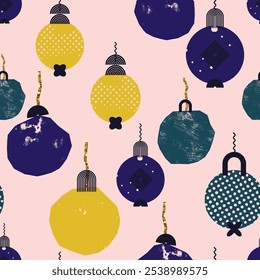Navidades cuadradas sin patrón con amarillo, verde, juguetes de árbol púrpura. Fondo con estilo. Elemento de diseño de Vector de repetición para impresión