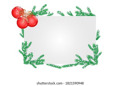 Christmas square shaped layout background or banner with fir twigs and red balls. Christmas composition with pine branches, christmas baubles and snowflakes with copy space. Stock vector illustration