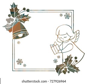 Christmas square sparkling frame with cute angels. Copy space. Christmas holiday background. Vector clip art.