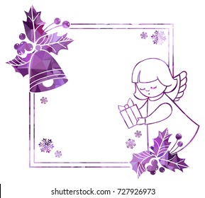 Christmas square sparkling frame with cute angels. Copy space. Christmas holiday background. Vector clip art.