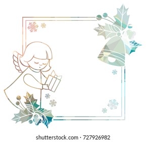 Christmas square sparkling frame with cute angels. Copy space. Christmas holiday background. Vector clip art.