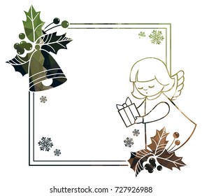 Christmas square sparkling frame with cute angels. Copy space. Christmas holiday background. Vector clip art.
