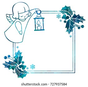 Christmas square sparkling frame with cute angels. Copy space. Christmas holiday background. Vector clip art.