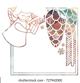 Christmas square sparkling frame with cute angels. Copy space. Christmas holiday background. Vector clip art.
