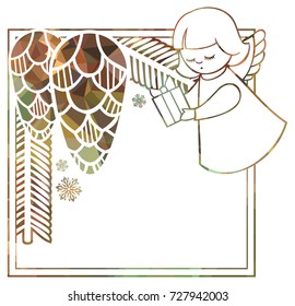 Christmas square sparkling frame with cute angels. Copy space. Christmas holiday background. Vector clip art.
