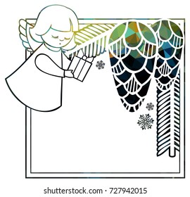 Christmas square sparkling frame with cute angels. Copy space. Christmas holiday background. Vector clip art.