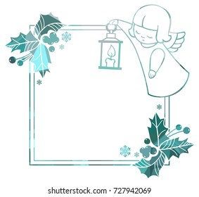 Christmas square sparkling frame with cute angels. Copy space. Christmas holiday background. Vector clip art.