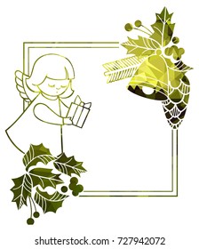 Christmas square sparkling frame with cute angels. Copy space. Christmas holiday background. Vector clip art.