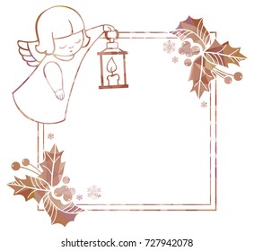 Christmas square sparkling frame with cute angels. Copy space. Christmas holiday background. Vector clip art.