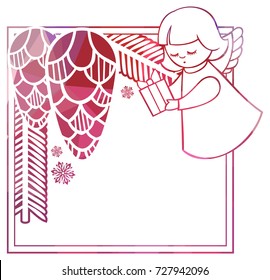 Christmas square sparkling frame with cute angels. Copy space. Christmas holiday background. Vector clip art.