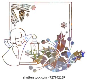 Christmas square sparkling frame with cute angels. Copy space. Christmas holiday background. Vector clip art.